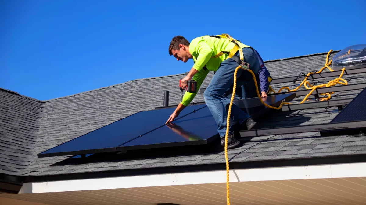 operaio fotovoltaico su tetto casa